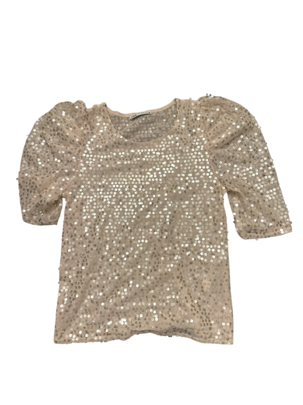 Zara Beige Sequin Puff-Sleeve Top